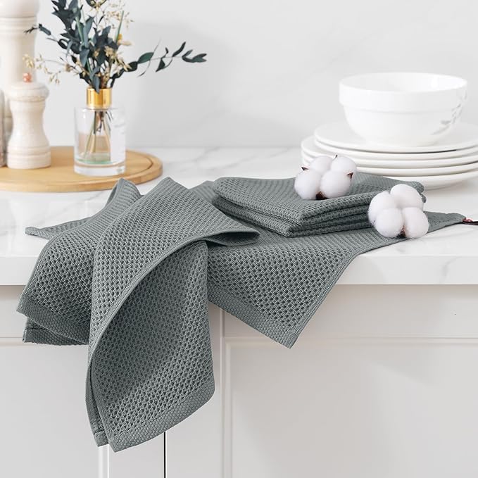 Kitinjoy 100% Cotton Kitchen Dish Cloths, 6 Pack Waffle Weave Ultra Soft