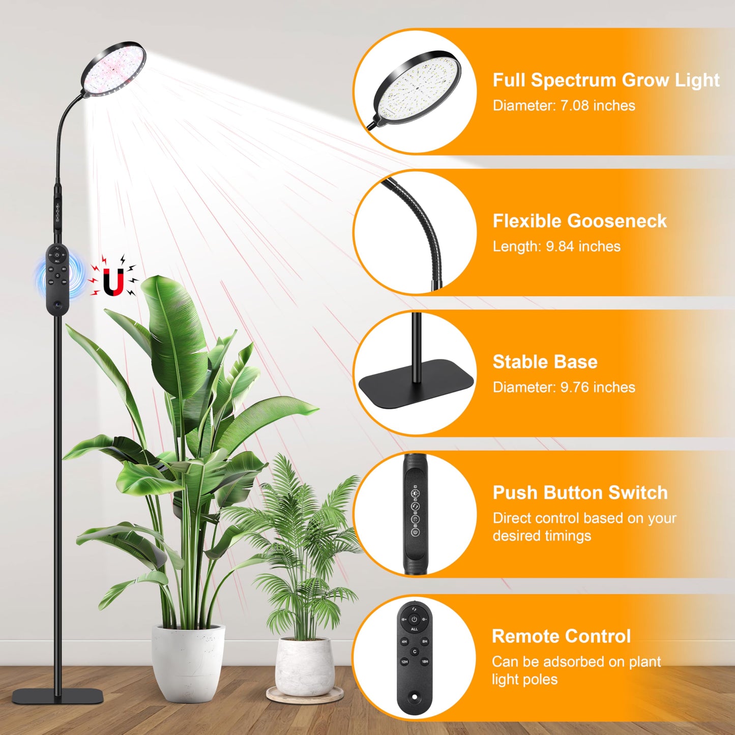 Hywyimlait Floor Grow Lights for Indoor Plants, Full Spectrum Plant Light with Stand for Growing Large Tall Plants, Grow Lamps with 4/8/12/18H Timer, 3 Light Modes, 10 Dimming,Height Adjustable, Black