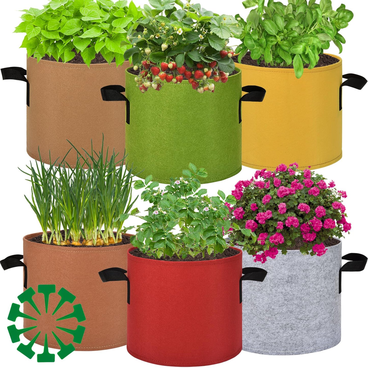 Florelf 15 Gallon Grow Gags, 6 Pack Multicolor Fabric Plant Pot Bags with Long Handles for Garden Vegetables Flowers, Make Colorful Garden