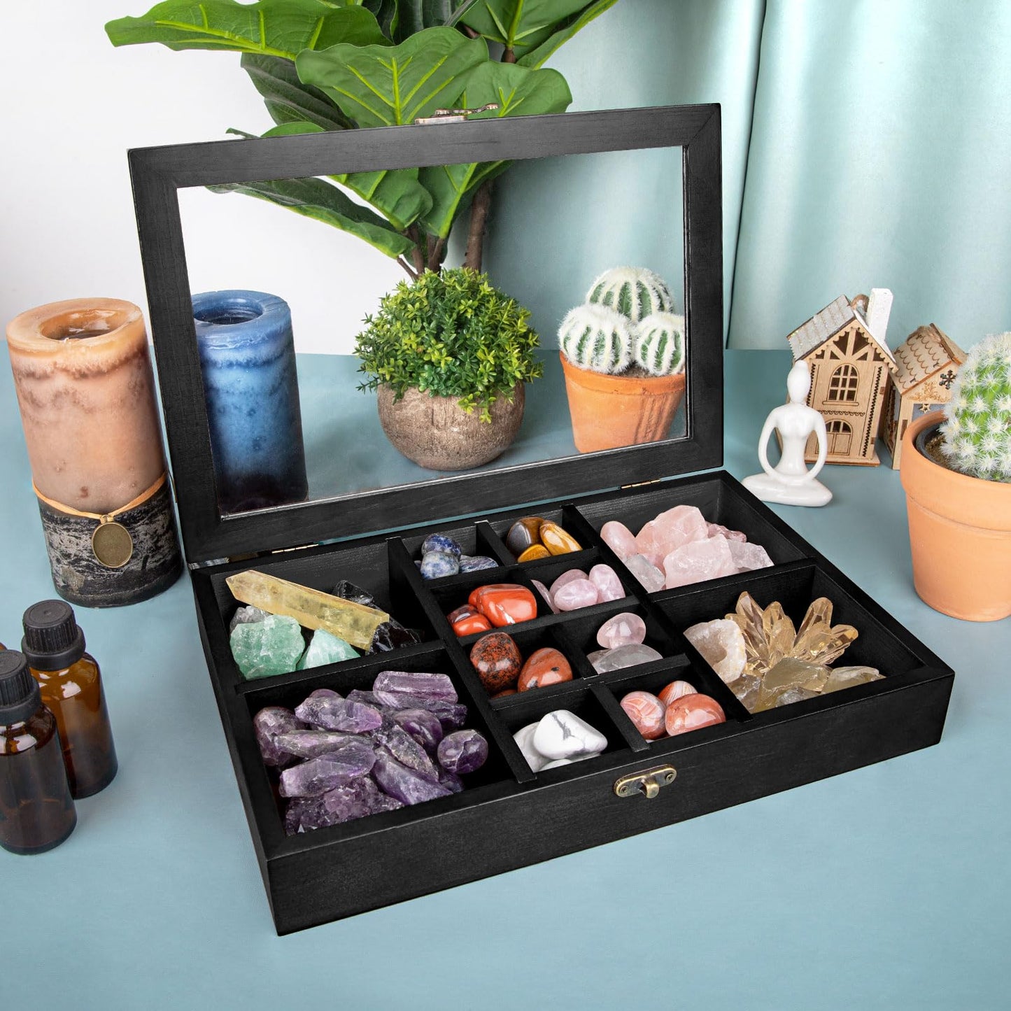 Crescent Moon Tray Crystal Holder Set, Adjustable Rock Display Case, Rock Collection Box with Shelves, Black Wood Crystal Organizer for Stones Storage,Gem Holder with Lid for Seashell