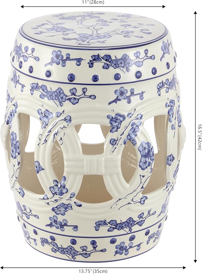 JONATHAN Y TBL1027A Lucky Coins 16" Chinese Ceramic Drum Indoor/Outdoor Garden Stool Bohemian, Coastal, Classic, Cottage, French Country, Patio, Garden Room, Bathroom, Living Room, Blue/White