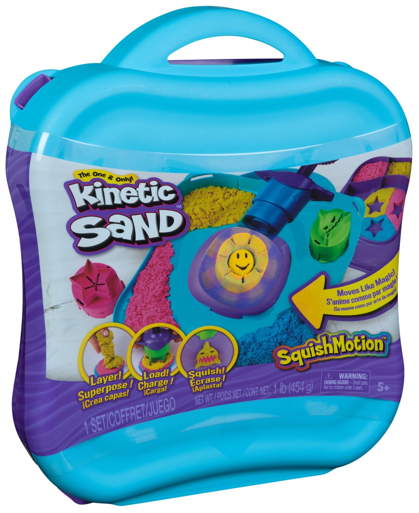 Kinetic Sand, SquishMotion Playset with 453g Pink, Yellow, Blue Play Sand, Stamper & 5 Tools, Reusable Storage Case, Sensory Toys for Kids Aged 5+