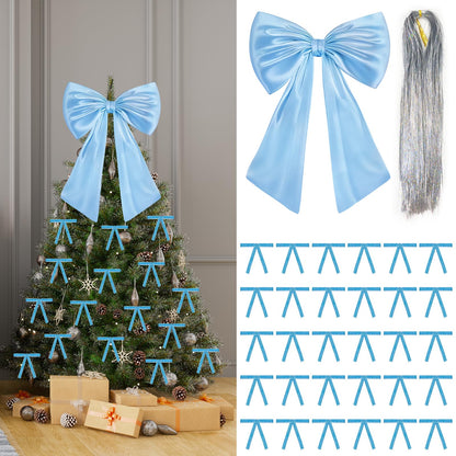 17x23 Inch Large Blue Bow for Christmas Tree Topper Christmas Tree Decoration Set: 24 Small Velvet Bows, 1 Pcs Big Tree Topper Bow, 3000 Strands of Tinsel Icicles for Holiday Decor (Blue)