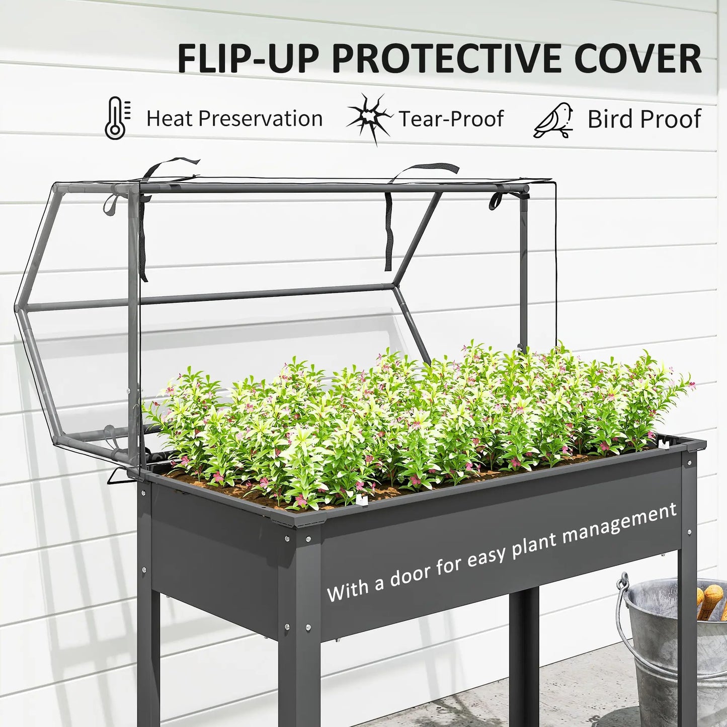 Elevated Raised Garden Bed with Mini Greenhouse, Dark Gray Metal Planter Box with Flip-Up Protective Cover, 39.4" x 18.9" x 48.8", 110 lbs Capacity