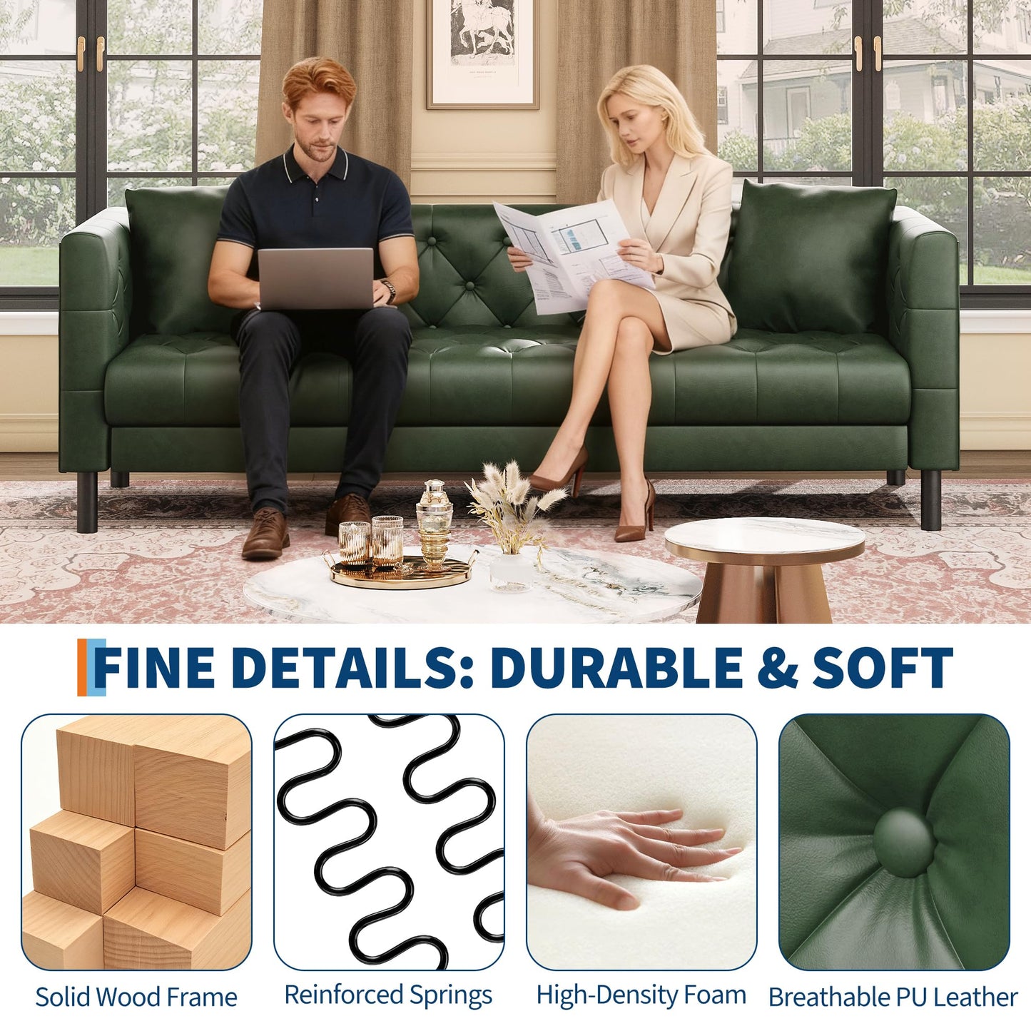 Garvee 81 in Leather Couch for Living Room, Modern Leather Sofa with Deep Seat, Handmade Button Tufted 3 Seater Sofa, Chesterfield Couch for Apartment or Office, Black, Green