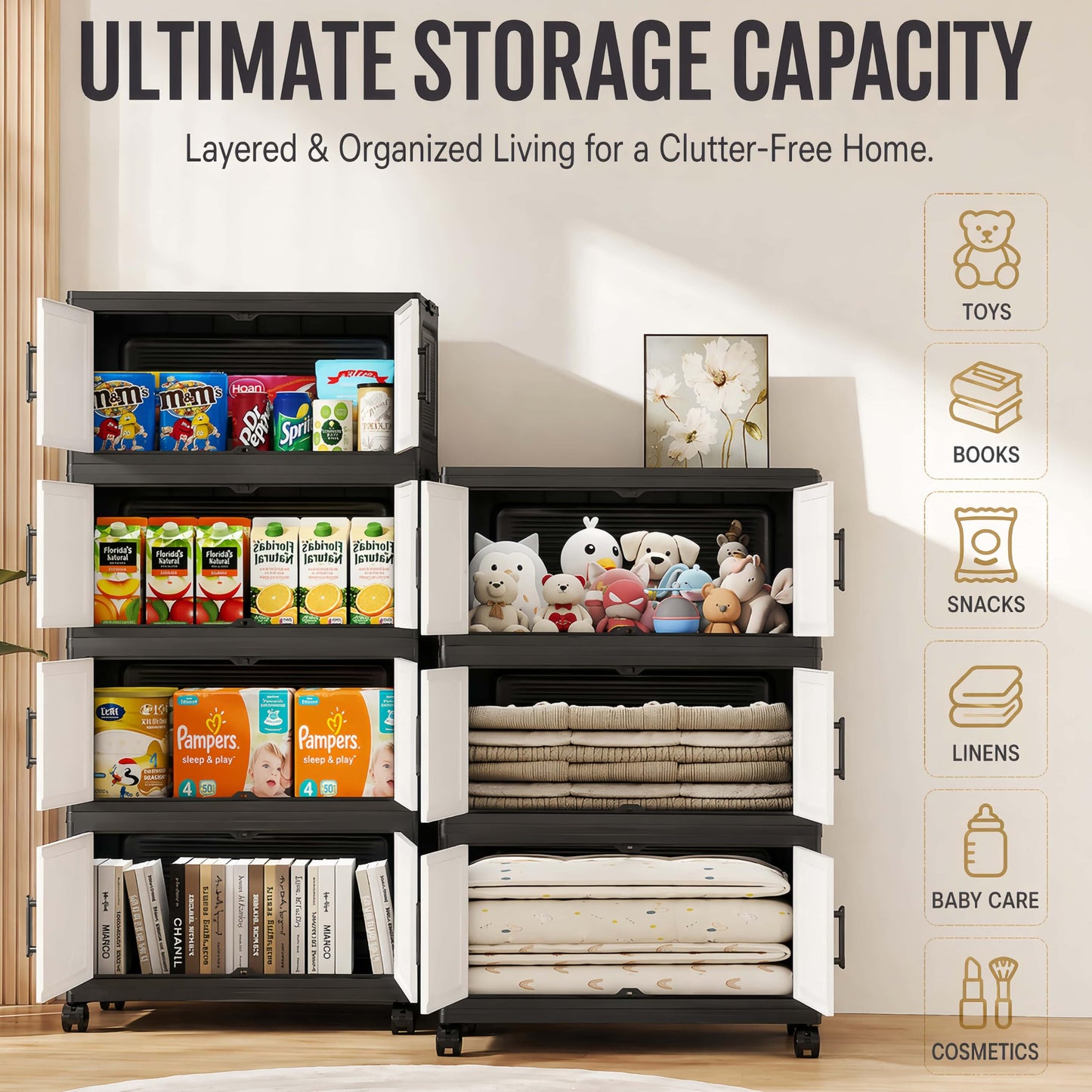 5 Tier Foldable Storage Cabinet with Top Lid, Tall Mobile PP Storage Organizer with Magnetic Doors and Wheels, Space-Saving Collapsible Organizer for Bedroom Living Room Kitchen Pantry Bathroom