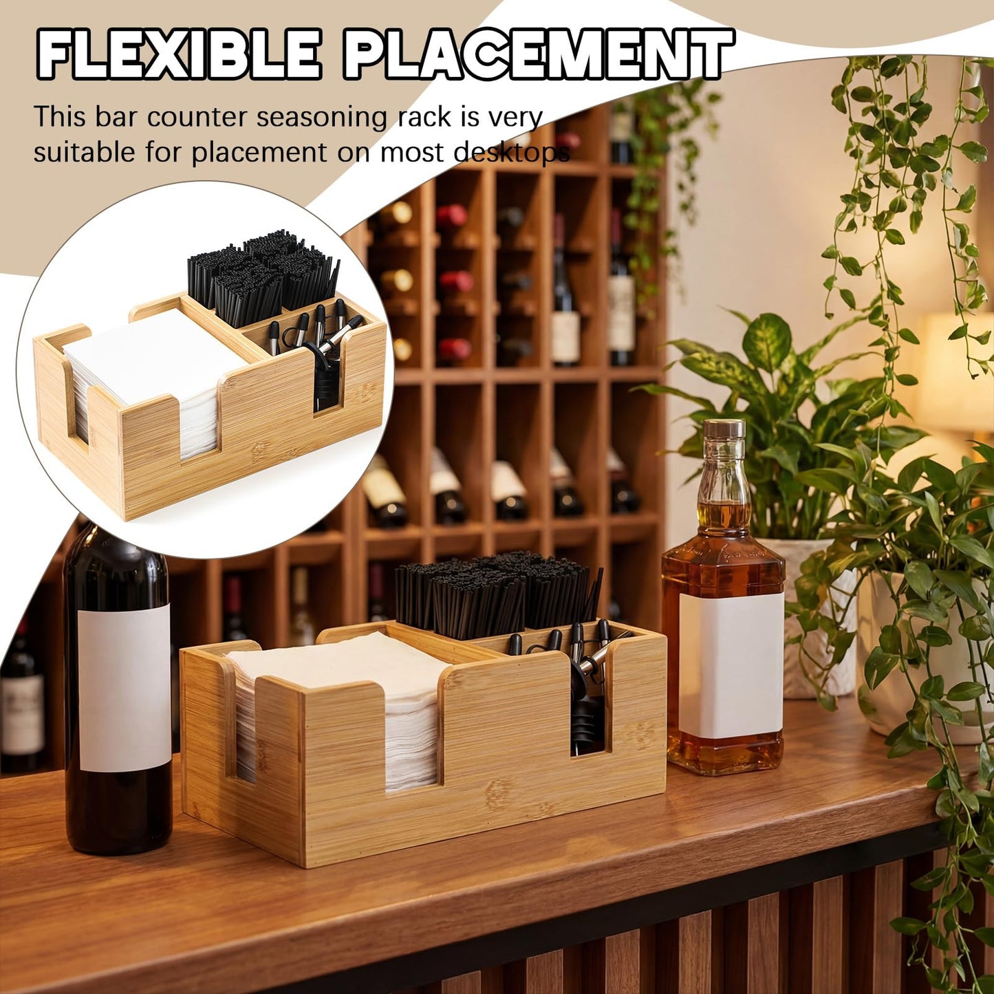 Mifoci Wooden Bar Caddy with 6 Compartments, Bamboo Bar Caddy Napkin & Straw Holder Organizer Cocktail Napkin Holder Condiments for Home Office Kitchen Countertop (Natural, 10.6 L x 5.5 W)