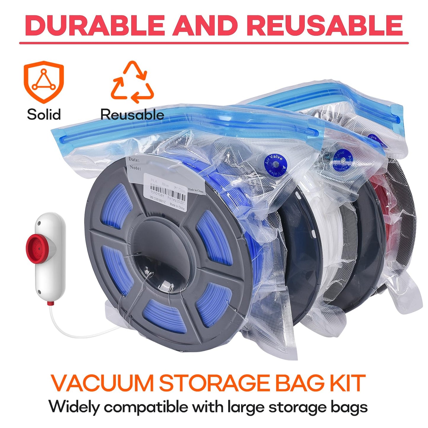 Vacbird 3D Printer Accessories Upgrade Vacuum Kit, 20pcs 3D Filament Vacuum Bags with USB Pump (30 * 34cm) Reusable, for 3D Printer Filament Storage, Protect Filament from Moisture