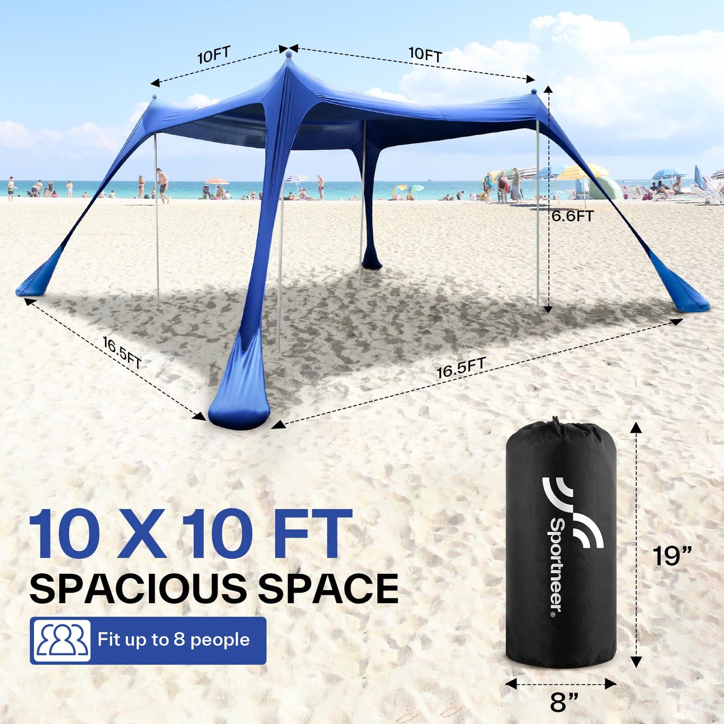 Sportneer Beach Tent, 10x10FT Beach Canopy Sun Shelter UPF50+ with Sandbags, Sand Shovels, Ground Pegs & Stability Poles, Outdoor Beach Shade Canopy for Beach Camping Fishing