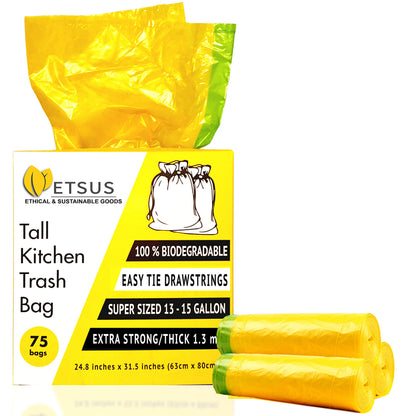 13 Gallon Biodegradable Trash Bags with Drawstrings, 75 Count Plant Based, Code Q Tall Kitchen Compost Bags 50 Liter Bin - Green Garbage Liners - 1.3 mil Thick Heavy Duty and Eco Friendly Trash Bags