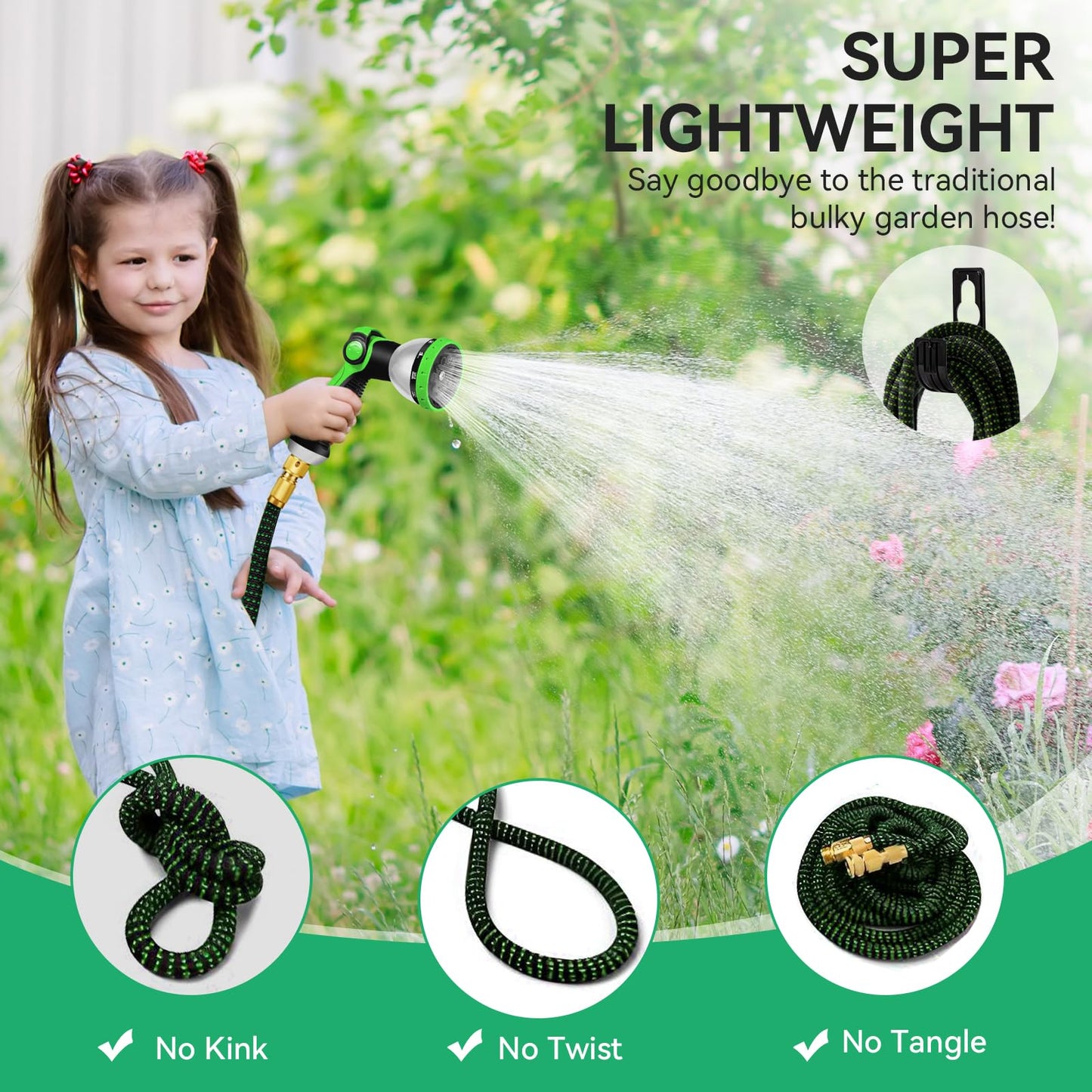 100FT Garden Hose – Upgraded 3-Layer Latex, No-Kink Expandable Water Hose with 3/4"& 1/2" Metal Connectors, 10-Function Spray Nozzle, Flexible Hose Pipe for Gardening, Washing & Cleaning