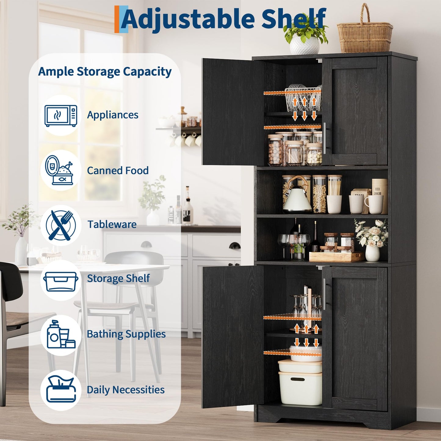 GarveeHome 72'' Tall Kitchen Pantry Cabinet, Freestanding Storage Cabinet with Doors and Shelves, Wooden Food Pantry Farmhouse Cupboard Buffet for Kitchen Dining Living Room, Black