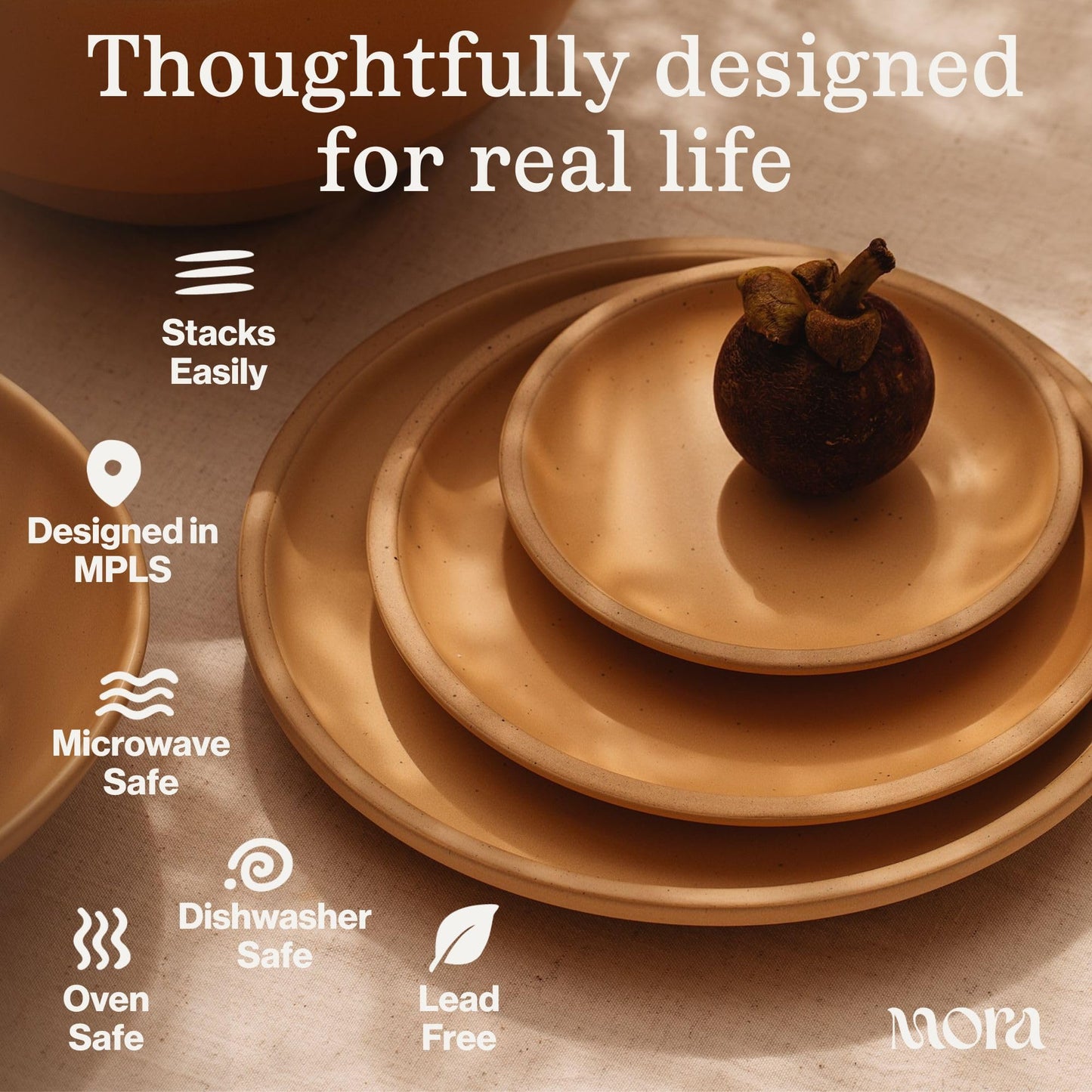 MORA Medium Plates Set of 4, 8.5 inch Ceramic Pottery Salad Plates - Microwave, Oven and Dishwasher Safe - Terracotta