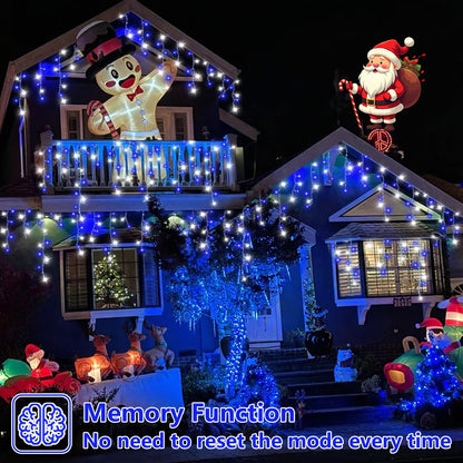 QITONG Blue and White Icicle Lights for Outside, 33ft 400 LED String Light Indoor Plug in, 8 Modes Connectable Icicle Christmas Light Clear Wire