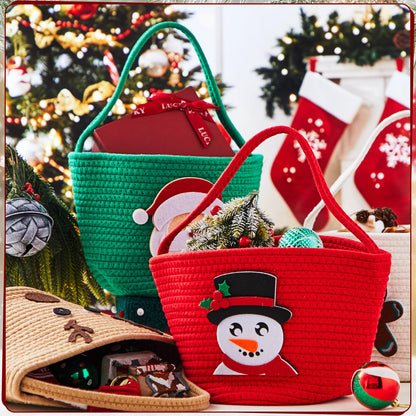 Sliner 4 pcs Christmas Woven Basket Empty for Gifts Woven Cotton Rope Basket with Christmas Xmas Decoration Storage with Handle for Baby Showers Snack Storage Xmas Decor Party Supplies Gifts
