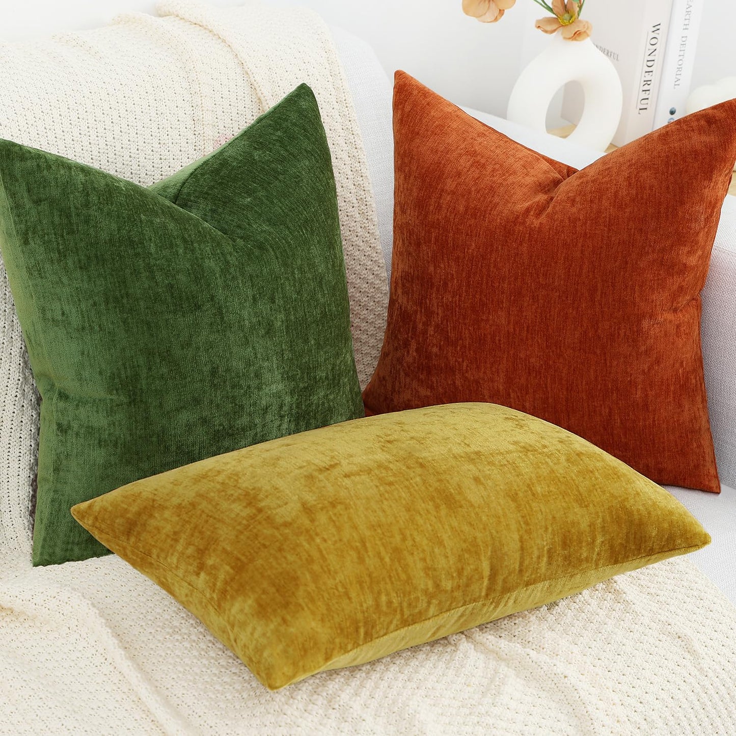 decorUhome Chenille Moss Green Christmas Throw Pillow Covers 18x18 Inch Set of 2, Decorative Soft Couch Pillow Covers Solid Dyed Accent Farmhouse Neutral Square Pillow Cases for Sofa