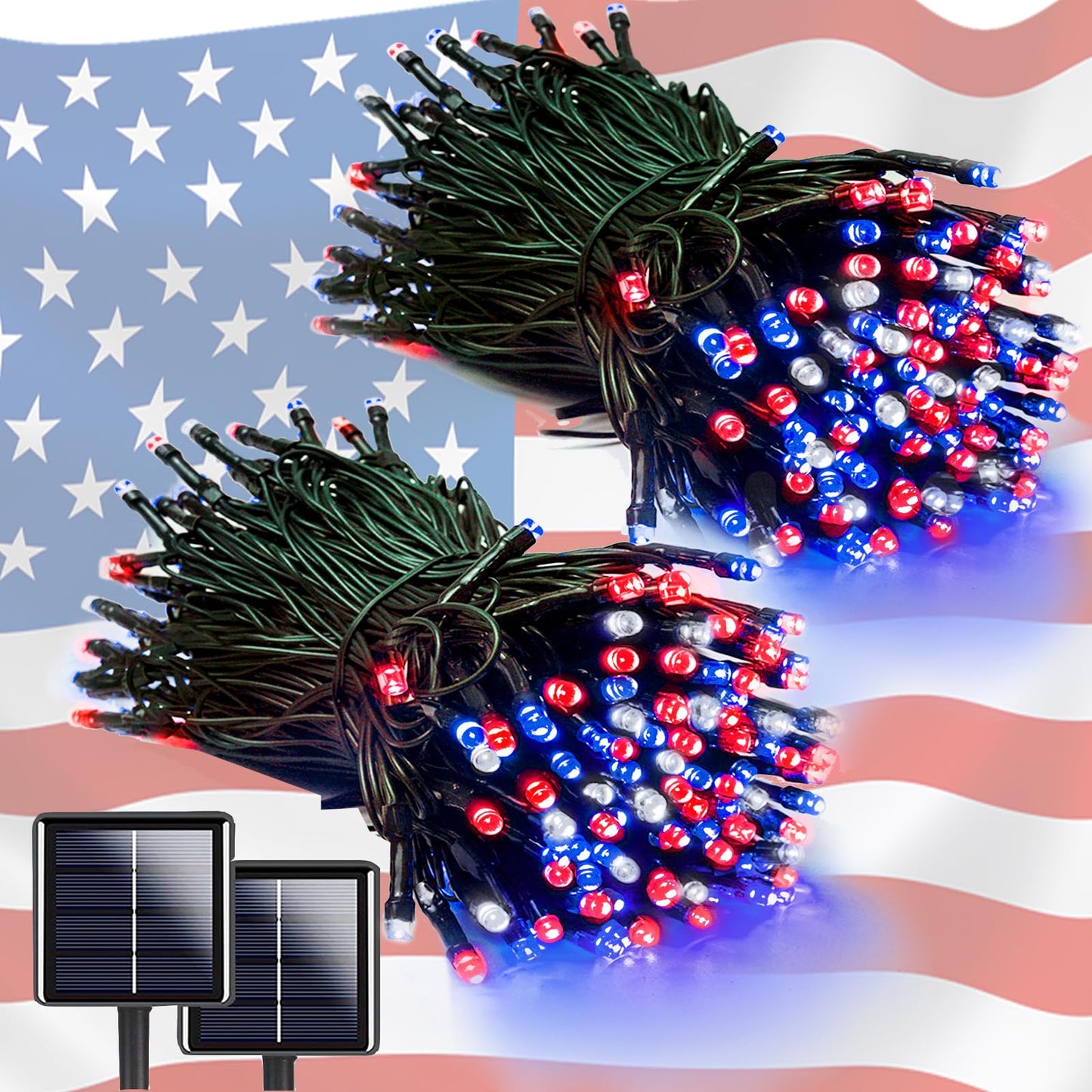 2 Pack 200 LED Red White and Blue Solar String Lights Outdoor Waterproof, Solar Powered LED Patriotic Lights, Solar Tree Lights for Independence Day 4th of July Memorial Day 250th Anniversary Decor