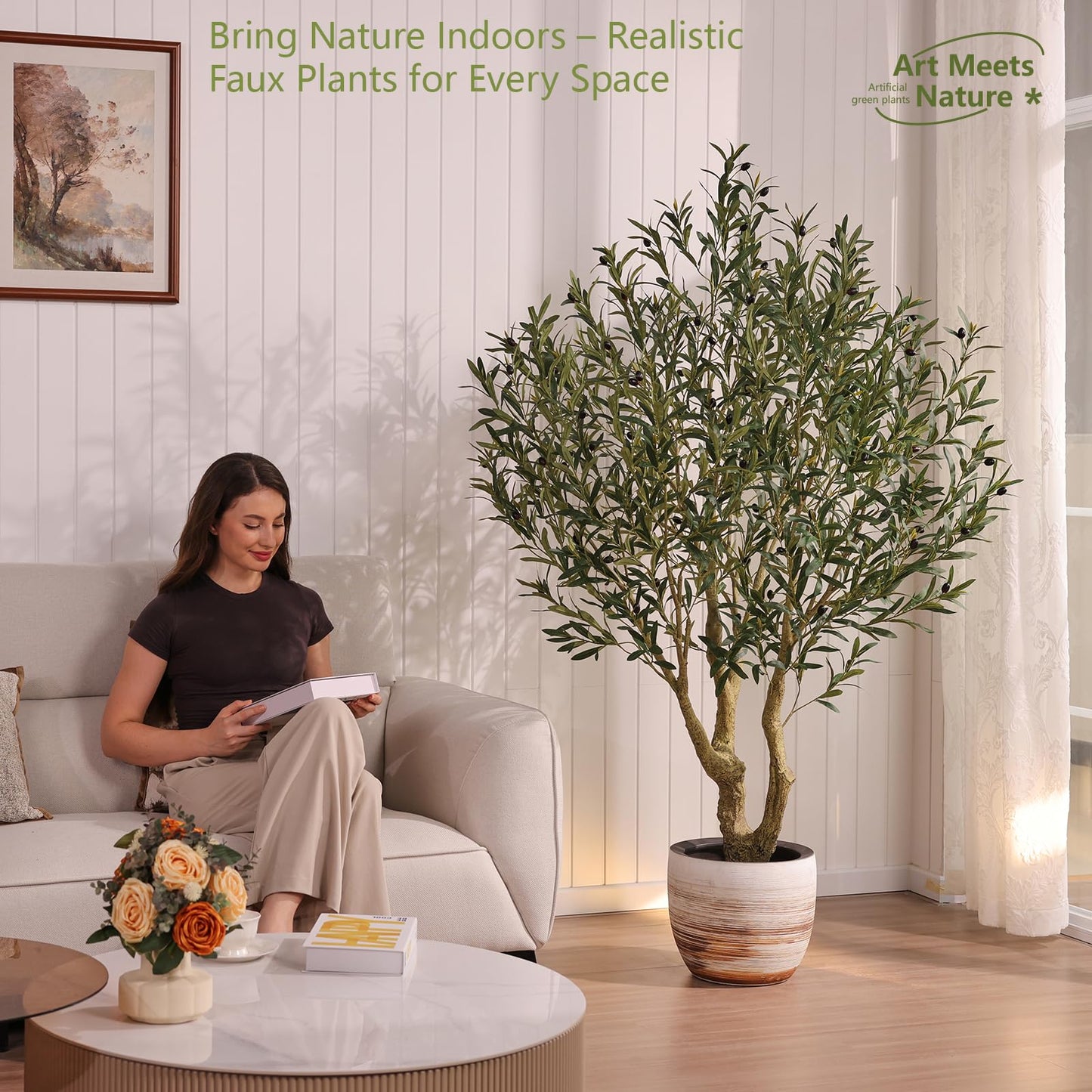Verinatural Olive Tree Artificial Indoor 8ft - Large Fake Plants - Realistic Faux Olive Tree in Pot - Tall Artificial Plants for Home, Patio, Living Room, Office Decor,VN138