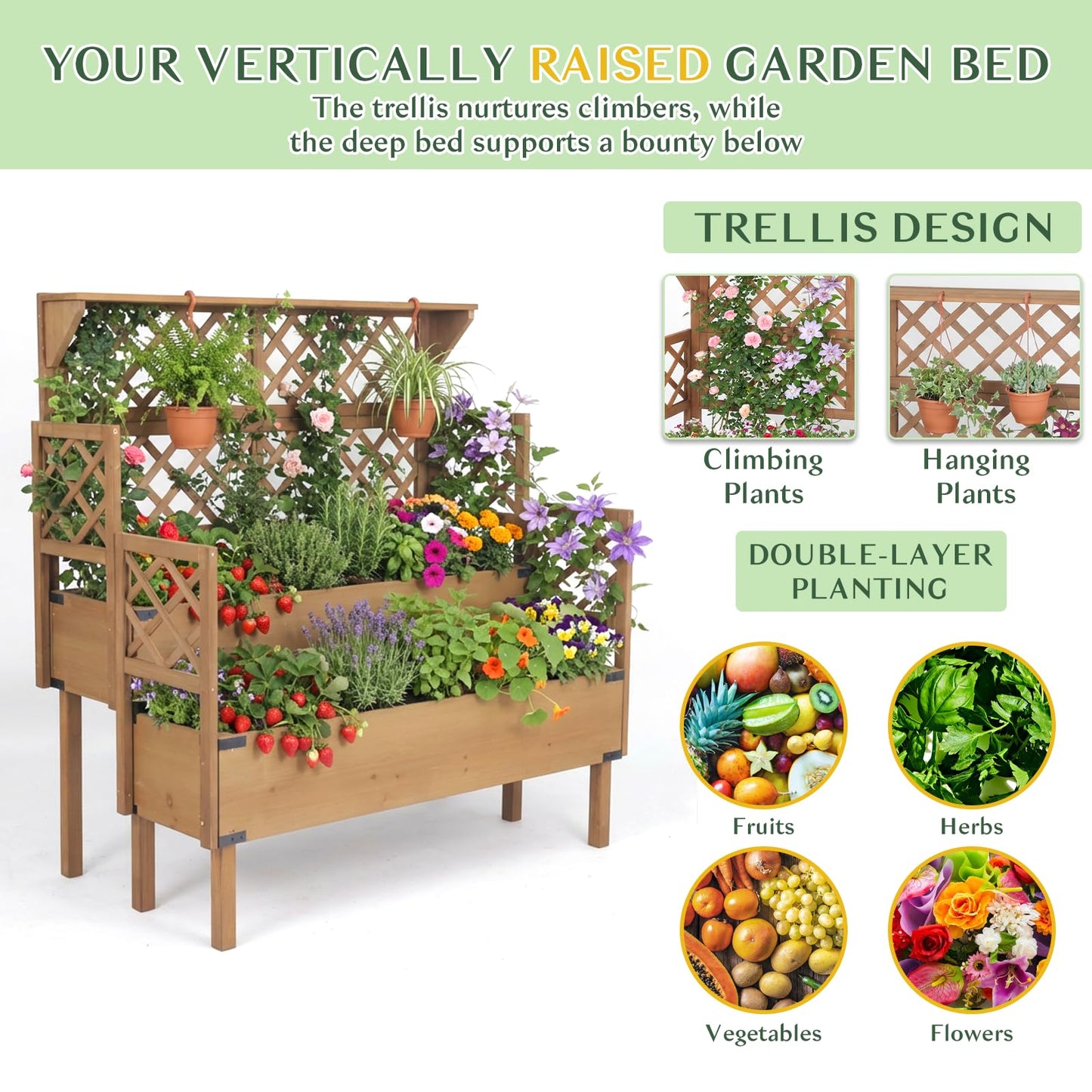 Magazoopet Raised Garden Bed with Trellis, 47''H Outdoor Flower Plant Stand with Two Planting Areas, Top Shelf, Liner, Elevated Garden Beds for Climbing Plants, Herb, Gift for Gardening, Brown