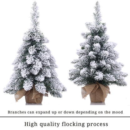 Pre-Lit Artificial Mini Christmas Tree,20 Inch Snow Flocked Small Pine Xmas Tree with 40 LED Lights,70 Branch Tips,Battery Operated Tabletop Christmas Tree Burlap Base-(50cm)