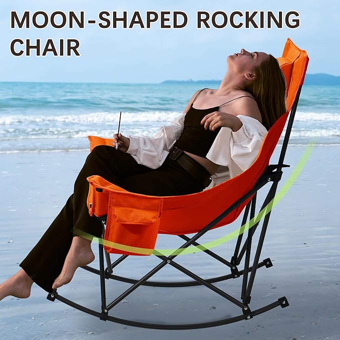 Oversized Rocking Camping Chair with Headrest & Cup Holder - 400lbs Capacity, 600D Oxford Fabric, Easy Fold Portable Outdoor Rocker Chair for Camping, Backyard, Beach, Orange