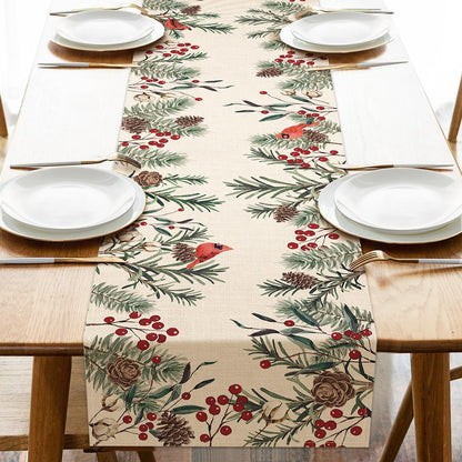 Seliem Winter Pine Needle Branches Table Runner, Pine Cone Cardinal Red Birds Berry Farmhouse Kitchen Dining Table Decor, Christmas Holiday Home Decoration Indoor Outdoor Party Supply 13 x 72 Inches
