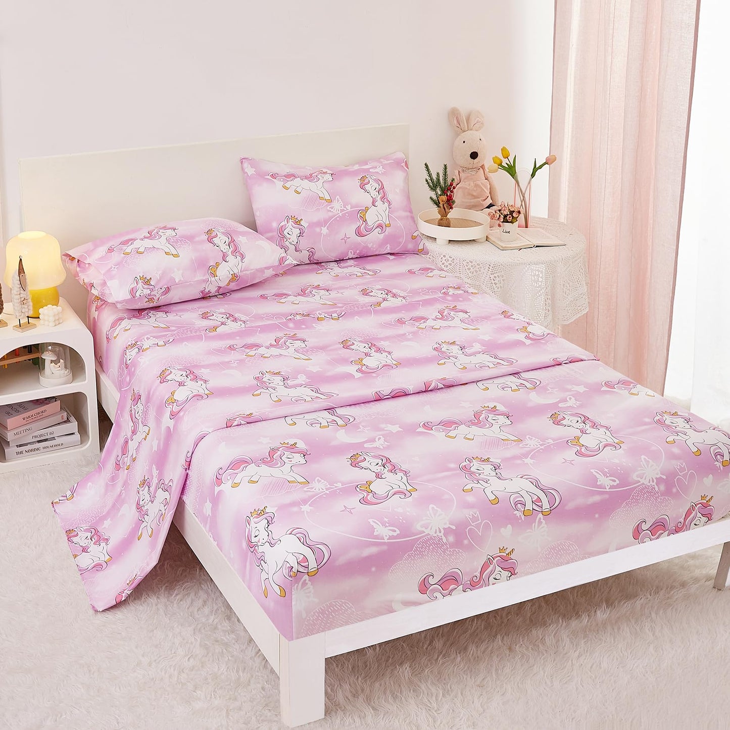 Yibeizi Unicorn Full Size Sheet Set for Girls, Kids Cute Princess Printed Bedsheet Microfiber Deep Pocket Bedding Sheets & Pillowcases 4 Pieces