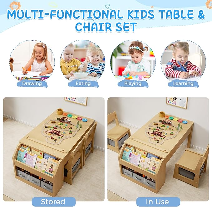 5-in-1 Kids Art Table and Chairs, Toddler Table and Chair Set, Craft Play Desk