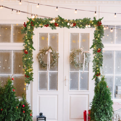 Spiareal 1 Pcs 5.74 ft Christmas Garland with Light Christmas Lighted Pine Garland Prelit Battery Operated Cedar Pine Cone Red Berry Greenery for Mantle Fireplace Decor