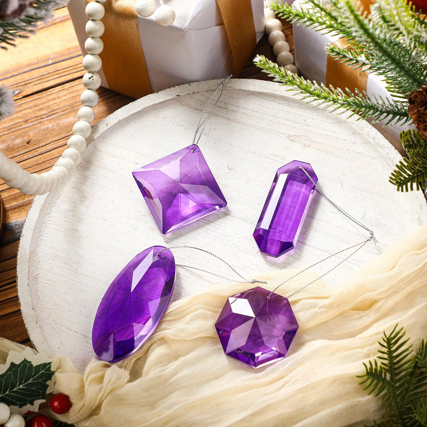 Simgoing 8 Pack Jewel Ornaments 1.2" - 3.5" Crystal Jewel Hanging Decorations for Christmas Tree Glitter Gemstone Ornaments Rectangle Square Oval Rhombus for Home Wedding & Holiday Party Decor(Purple)