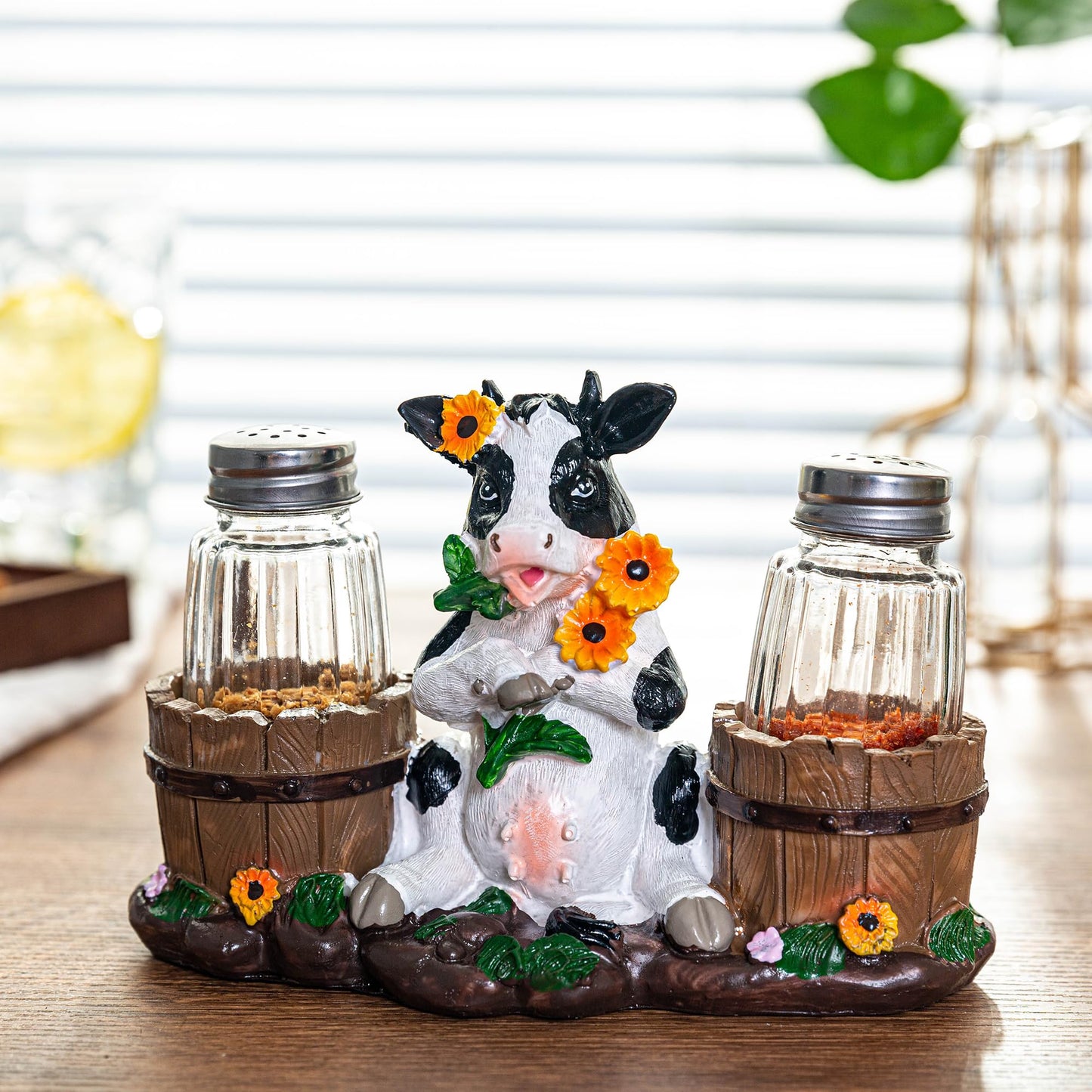 Rustic Farm Cow Salt and Pepper Shaker Holder with Glass Jars
