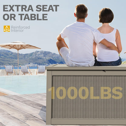 DWVO 320 Gallon Resin Outdoor Storage Box, XXL Large Waterproof Deck Box, Doubles as Table or Seating with 1000 lbs Capacity, Lockable (Brown)