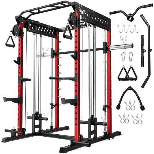 JELENS M21 Smith Machine, Multi-Function Power Cage with Dual Pulley Cable Crossover System, 2000LBS All-in-One Squat Rack with Smith Bar and Attachments (Red, M21 Smith Machine)