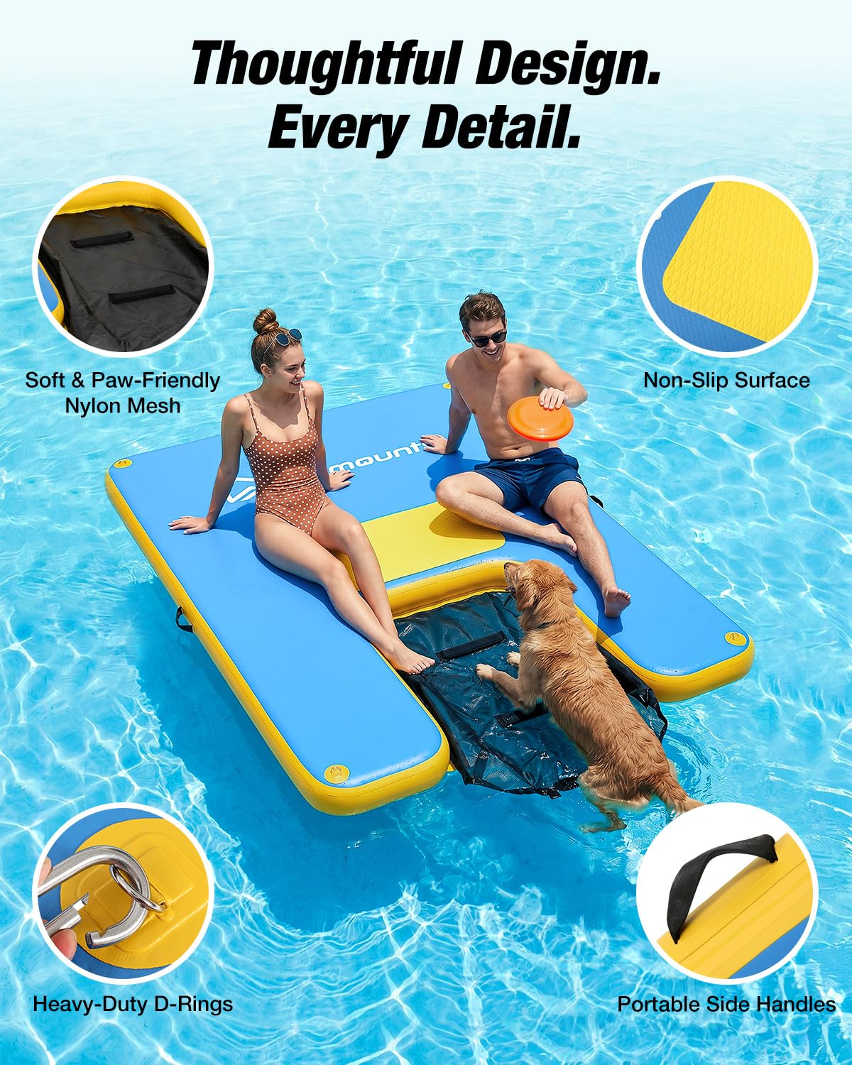 Inflatable Floating Dock with Dog Boat Ramp, Non-Slip Water Hammock, 700lbs Capacity Floating Mat Raft River Lake Pool Ocean Floats for Adults Dogs, Includes Pump Bag Traction Rope