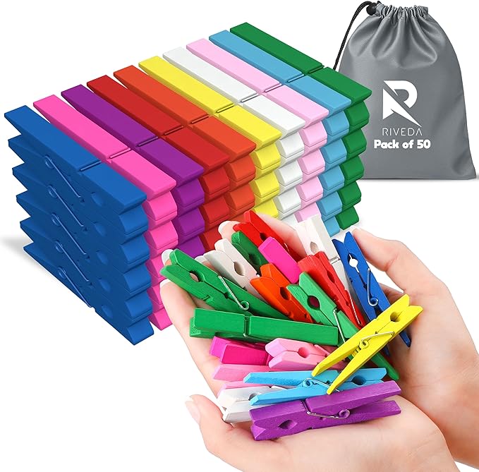 RIVEDA 50pcs Colored Wooden Clothes Pins, 2.9inch 10 Colors, Clothespins