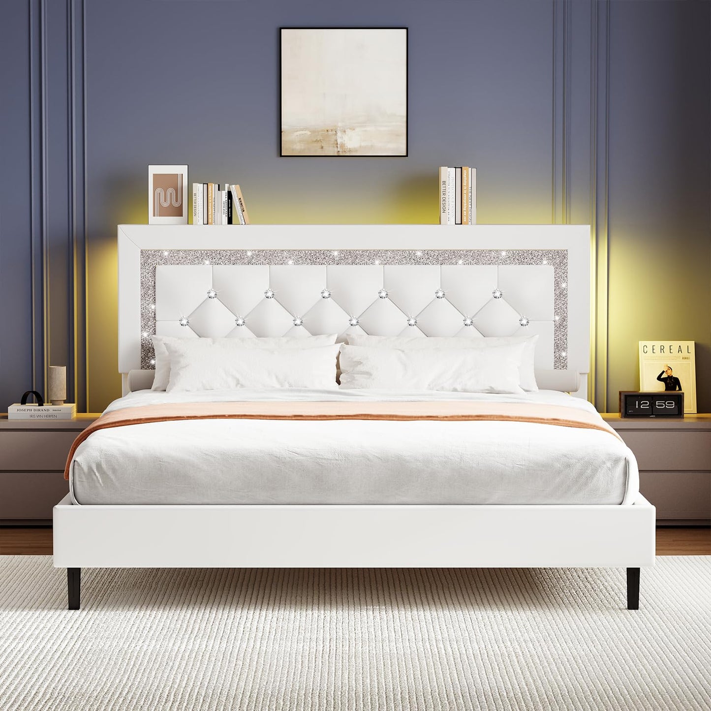 BarnFurin Full Size Bed Frame with Storage Headboard, Full Size Bed Frame with Headboard Diamond Tufted and LED Lights, Wooden Slats Support, Noise Free, No Box Spring Needed, Easy Assembly, White