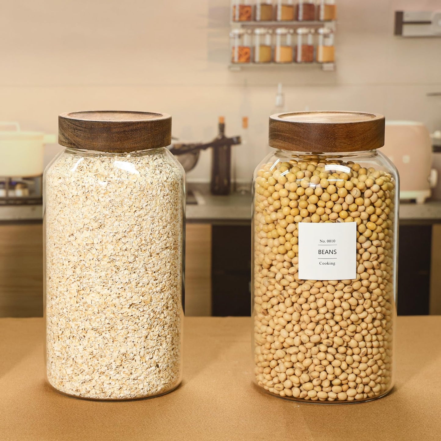 KEYWING 88oz Large Glass Jars with Airtight Acacia Wood Lids, Set of 3 Food Storage Containers for Flour, Sugar, Rice, Pasta, Cereal, Cookies – Includes 126 Labels