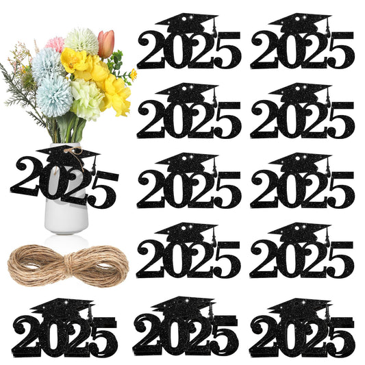24 Pcs 2025 Graduation Cutouts Tags Decorations Class of 2025 Glitter Grad Cap Tags Graduation Centerpiece Double Side Grad Party Confetti for Congrats Table Decor Vase