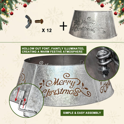 WKHOMEDECO 35.5" Large Metal Christmas Tree Collar - Christmas Tree Collars for Artificial Trees, Metal Tree Collar with Laser-Cut Merry Christmas Pattern,Extra Wide Adjustable & Pet-Safe (Galvanized)