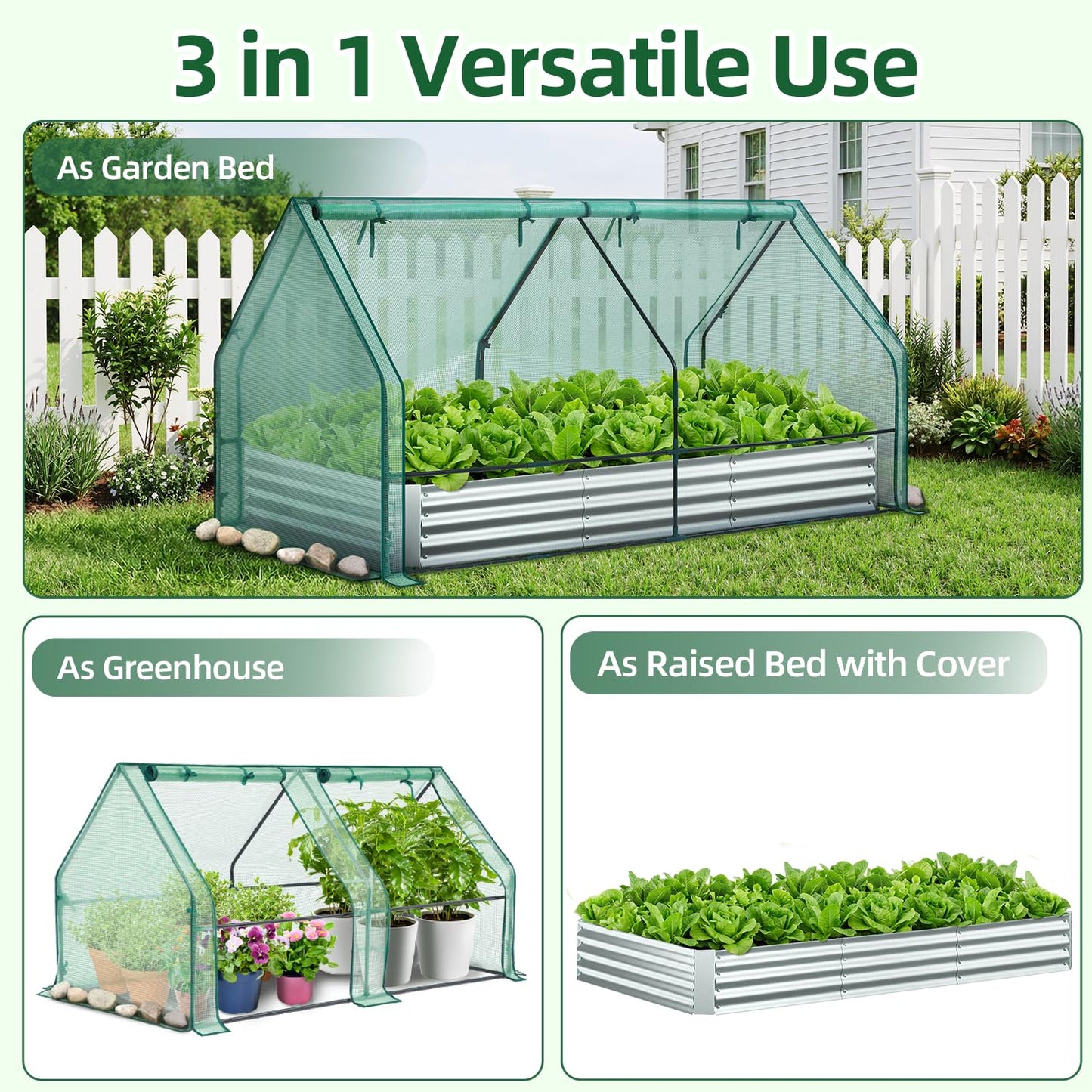 Ohuhu Raised Garden Bed with Greenhouse Cover, 8x4x1 FT Galvanized Metal Planter Box Outdoor with PE Cover, 4 Doors for Ventilation, 3-in-1 Gardening Set for Vegetable Flower Herb Succulent