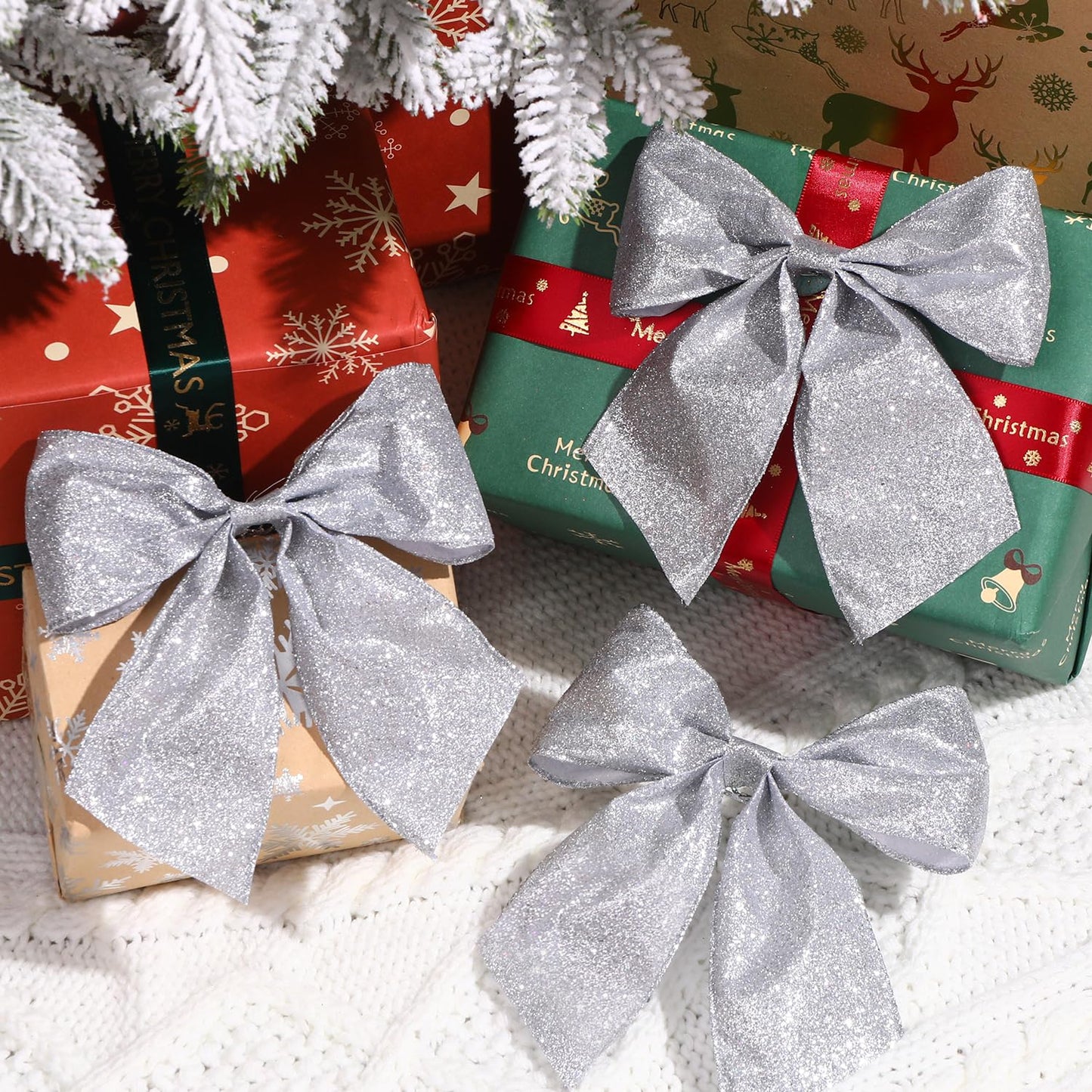 JOICEE 12 Pcs Glitter Ribbon Christmas Bows with Twist Ties,5.5 Inch Premade Metallic Xmas Bows for Christmas Trees Garland Wreath Gift Wrapping Decorations(Silver)