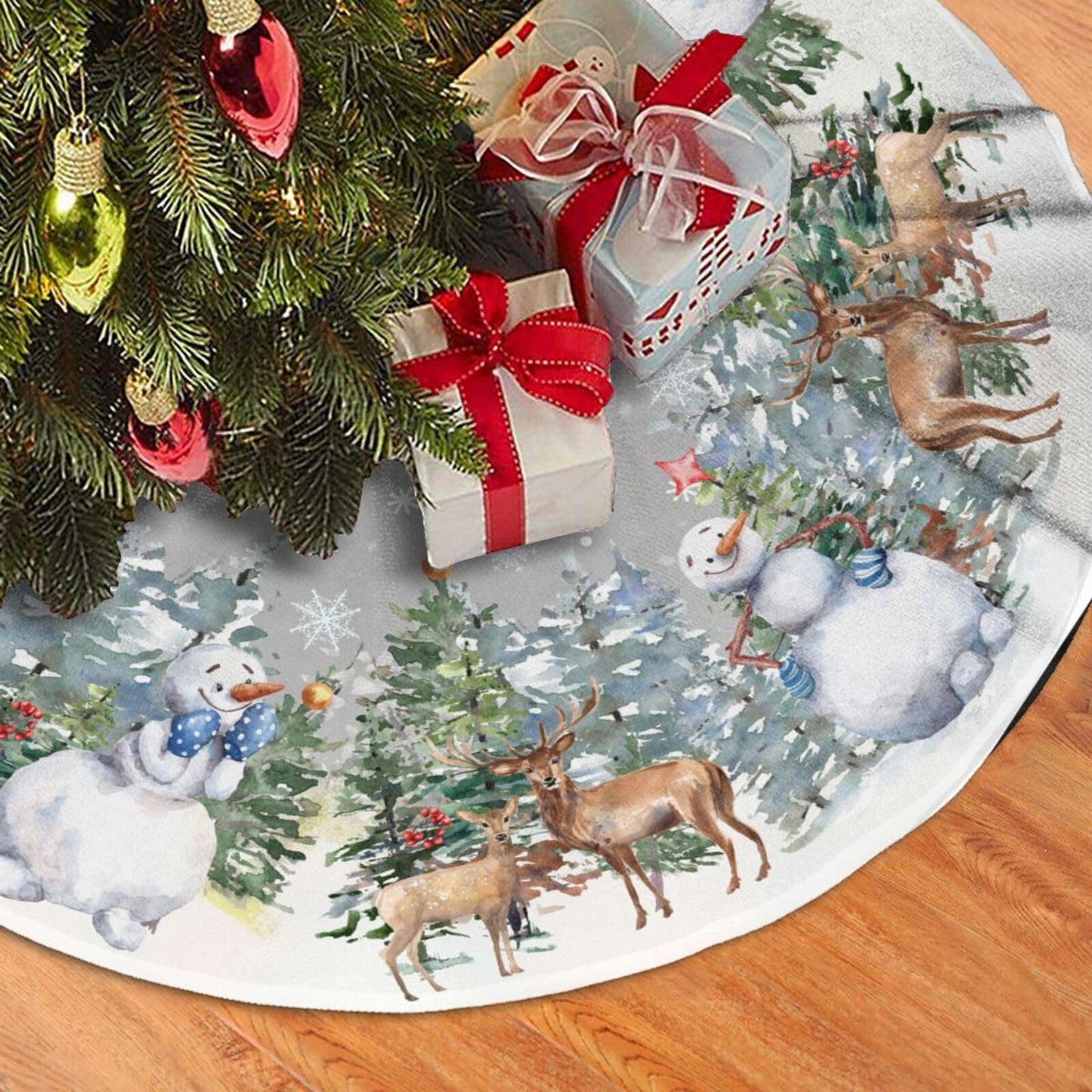 Snowman Reindeer Snowflake Christmas Tree Skirt 36" Tree Mat for Party Decorations Indoor Outdoor Ornaments