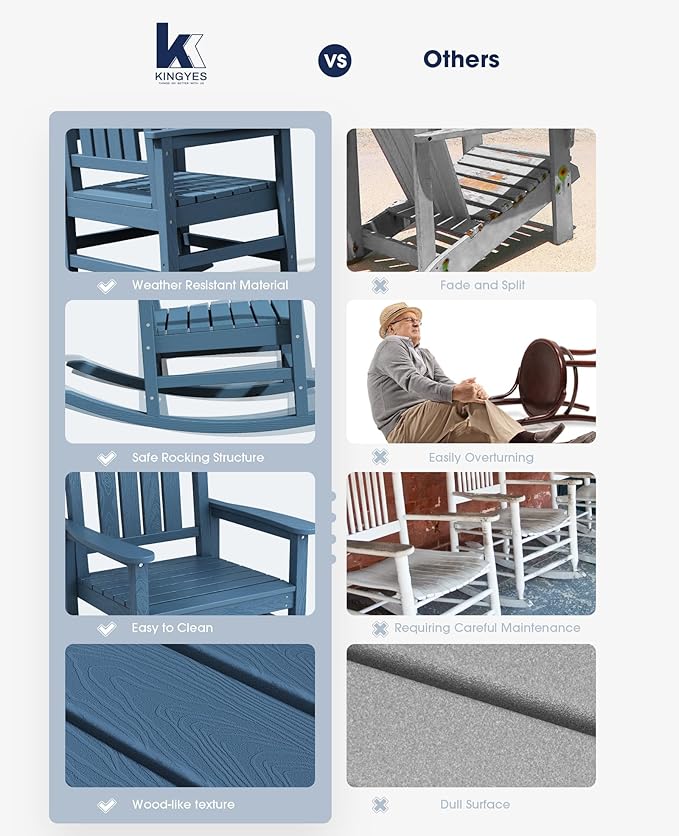 KINGYES HDPE Outdoor Rocking Chair, Widened Seat Patio Rocking Chair, Oversized All Weather Patio Rocker, Navy