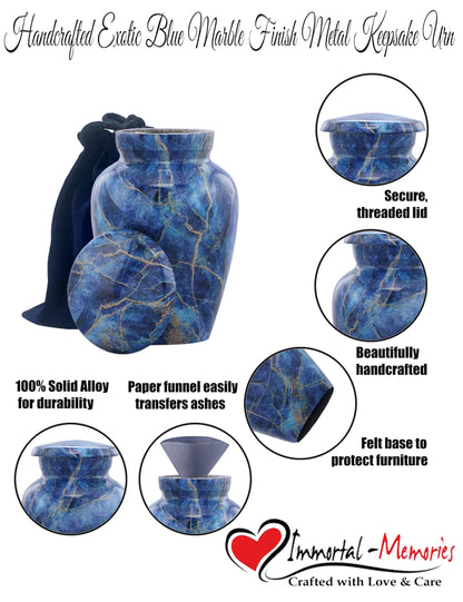 Marble Finish Metal Mini Keepsake Urn for Human or Pet Ashes - Token Sharing Memorial Urn with Velvet Bag (Exotic Blue)