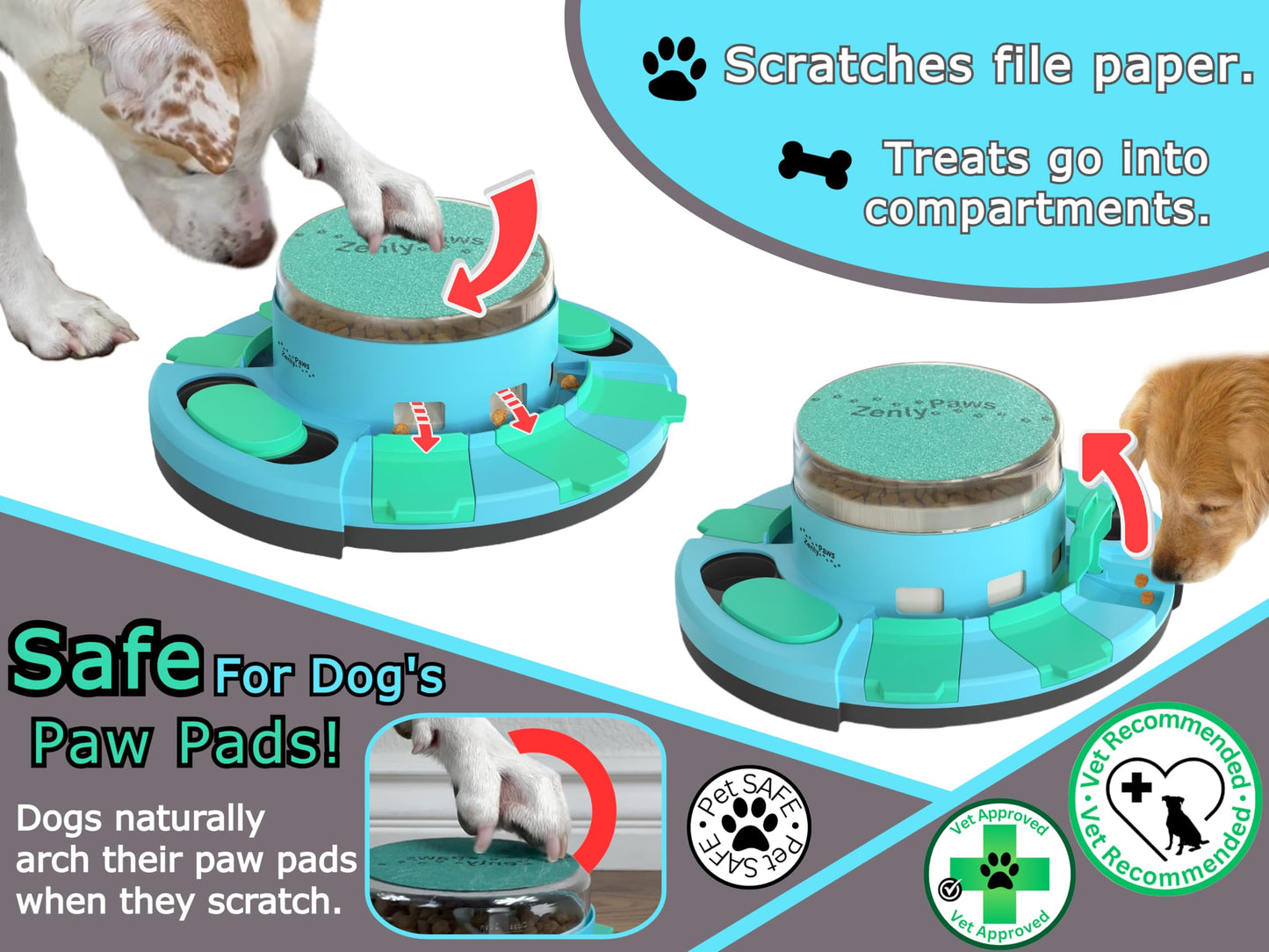 Zenly Paws Nail File Toy, Dog Scratch Pad for Nails, Dog Nail Scratch Board, Scratching Board for Dogs, Scratching Pads Files Scratcher Slow/Puzzle Feeder W/Treat Box Dispenser Trimmer Grinder Filer