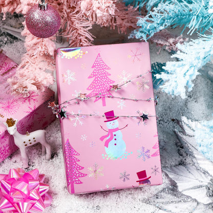 LeZakaa Christmas Pink Wrapping Paper Mini Roll, Snowman Christmas Tree & Snowflake Metallic Foil, Rose Gold Foil Reversible Design for Festive Winter Holiday, Family Gathering, 17 inches x 32.8 Feet