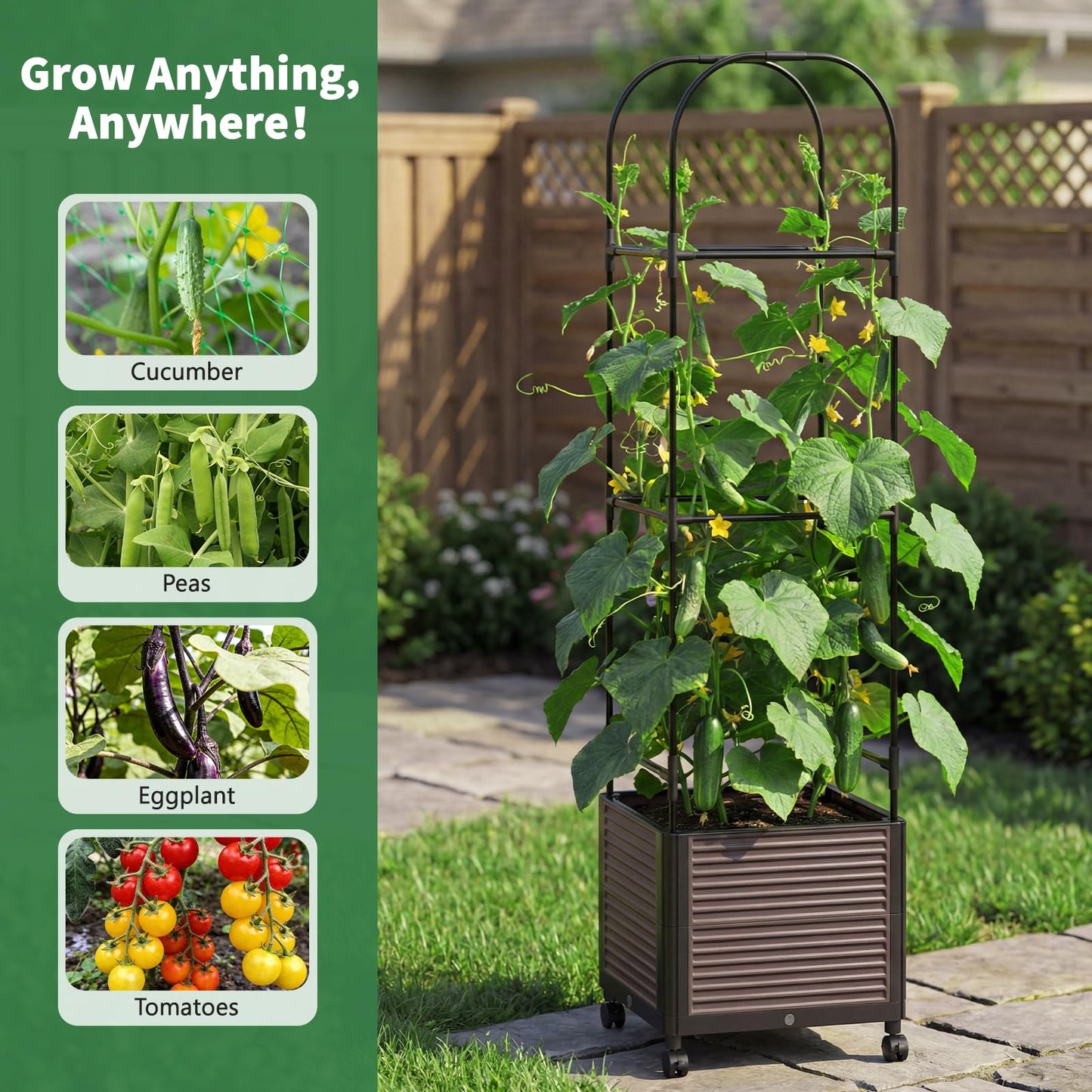 UrGROWA Raised Garden Bed Planter Box with Trellis, 61''H Tomato Planters for Climbing Plants Vegetable Vine Flowers Outdoor Patio Tomato Cage, Self Watering Planter with Wheels