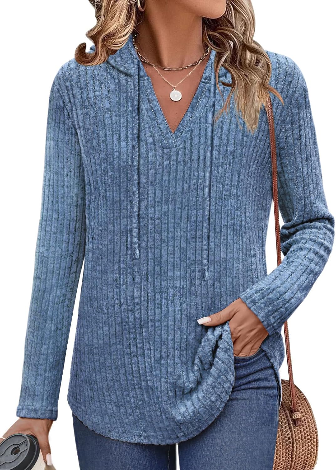 Lylinan Womens Cozy Knit Sweaters Hoodies Ribbed V Neck Pullover Sweatshirts for Fall Outfits S-XXL