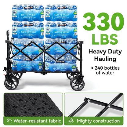 Hikenture Collapsible Wagon Cart, 330lbs Capacity Beach Wagons with Big Wheels for Sand, Heavy Duty Foldable Cart with Brakes, Portable Utility Folding Garden Cart for Outdoor