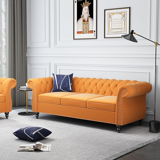 ORRD 2 Piece Living Room Set, Velvet Chesterfield Sofa Loveseat Couch